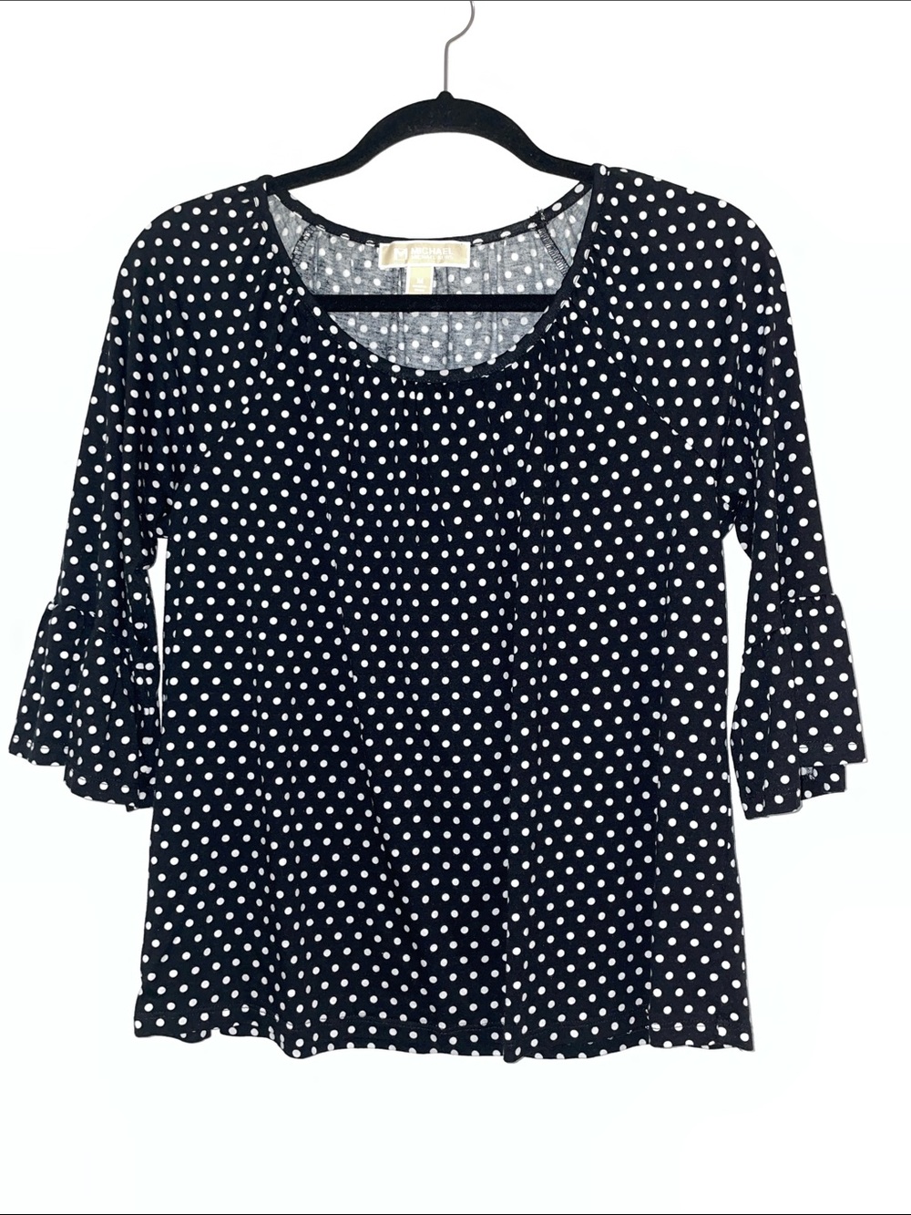 Michael Kors Black and White Polka Dot Ruffle-Sleeve 3/4 Sleeve Top Size M